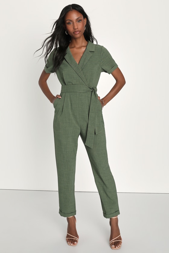 Olive Green Jumpsuit - Short Sleeve Jumpsuit - Tie-Front Jumpsuit - Lulus