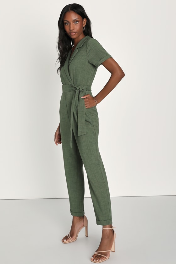 Sensible Sensation Olive Green Tie Front Short Sleeve Jumpsuit