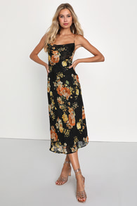 Petal Prowess Black Floral Print Lace-Up Cowl Midi Dress
