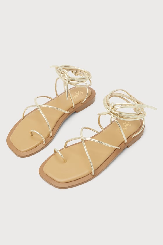 Lilac Light Gold Leather Strappy Lace-Up Sandals 1