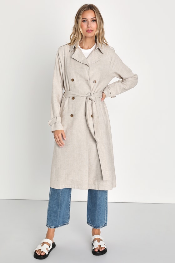 Sophisticated Essence Beige Linen Double Breasted Trench Coat 8