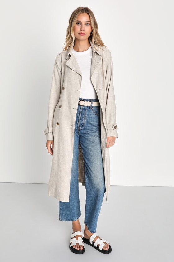 Sophisticated Essence Beige Linen Double Breasted Trench Coat 8