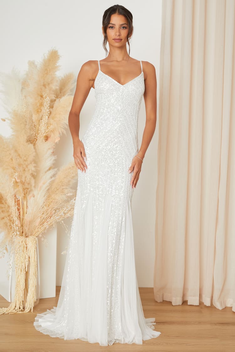 ethnovog women's sequinned embellished layered bridal maxi dress reviews Goddiva Sunray Hand Sequin A-Line Sleeveless creating a luminous glow against the soft ivory hue Mac Duggal 14523 - Beaded