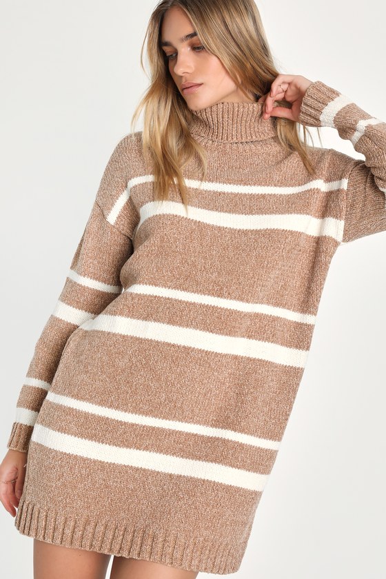 Lulus Casual Attitude Beige Striped Turtleneck Mini Sweater Dress