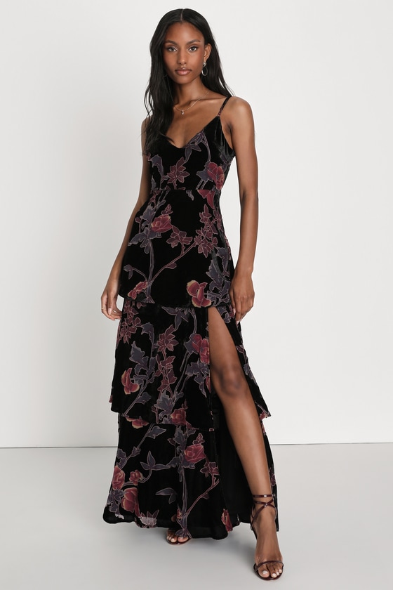 Black Velvet Dress - Floral Print Dress - Tiered Maxi Dress - Lulus