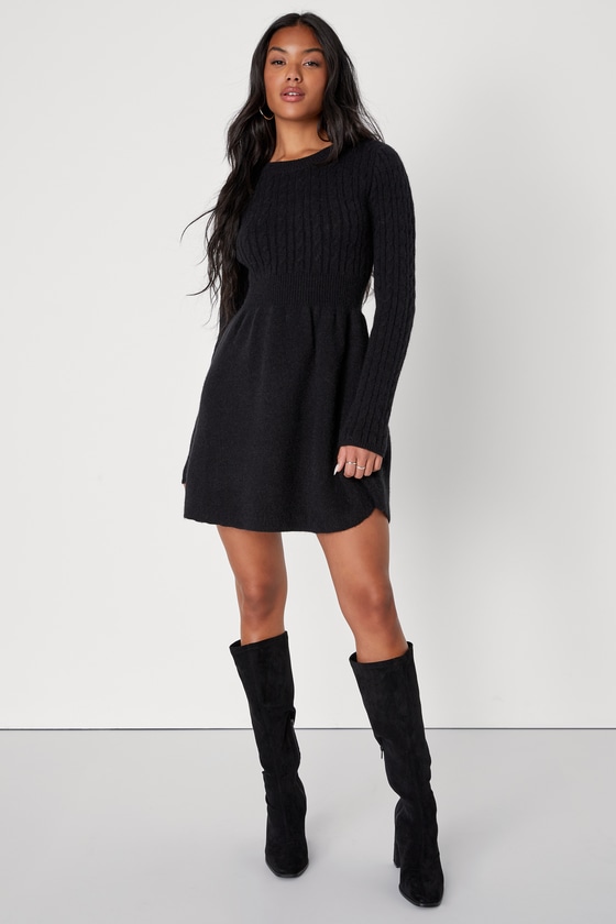 Lulus Comfortable Aura Black Cable Knit Skater Sweater Dress