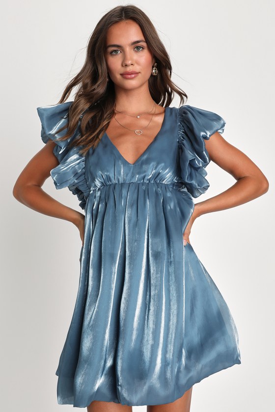 Shiny Slate Blue Dress Blue Babydoll Dress Ruffled Dress Lulus