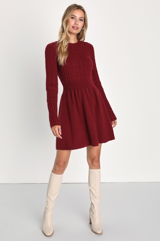 Lulus Comfortable Aura Burgundy Cable Knit Skater Sweater Dress