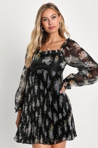 Sweetest Affection Black Floral Pleated Babydoll Mini Dress