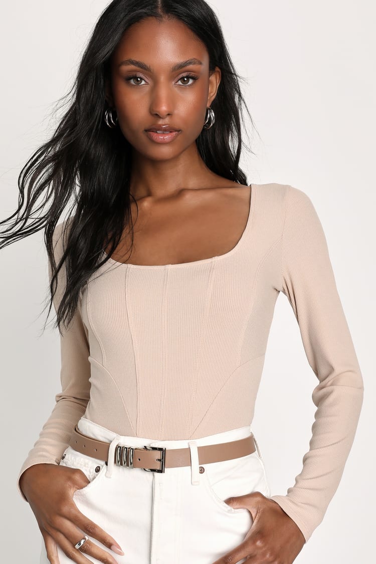 Cute Beige Ribbed Bodysuit - Long Sleeve Top - Corset Bodysuit - Lulus