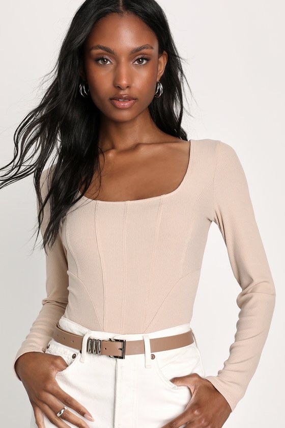 Style Skills Beige Ribbed Knit Long Sleeve Corset Bodysuit 4