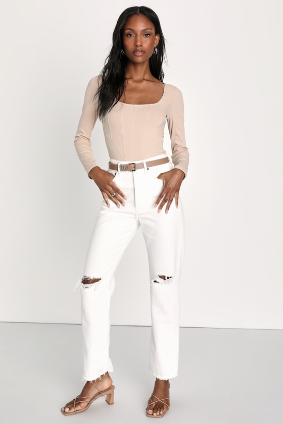 Style Skills Beige Ribbed Knit Long Sleeve Corset Bodysuit 3