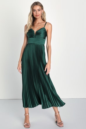 never a dull moment emerald green tie-strap pleated midi dress Pleated Spaghetti Strap Tie Waist Midi Dress Cobald Blue / S main image 1