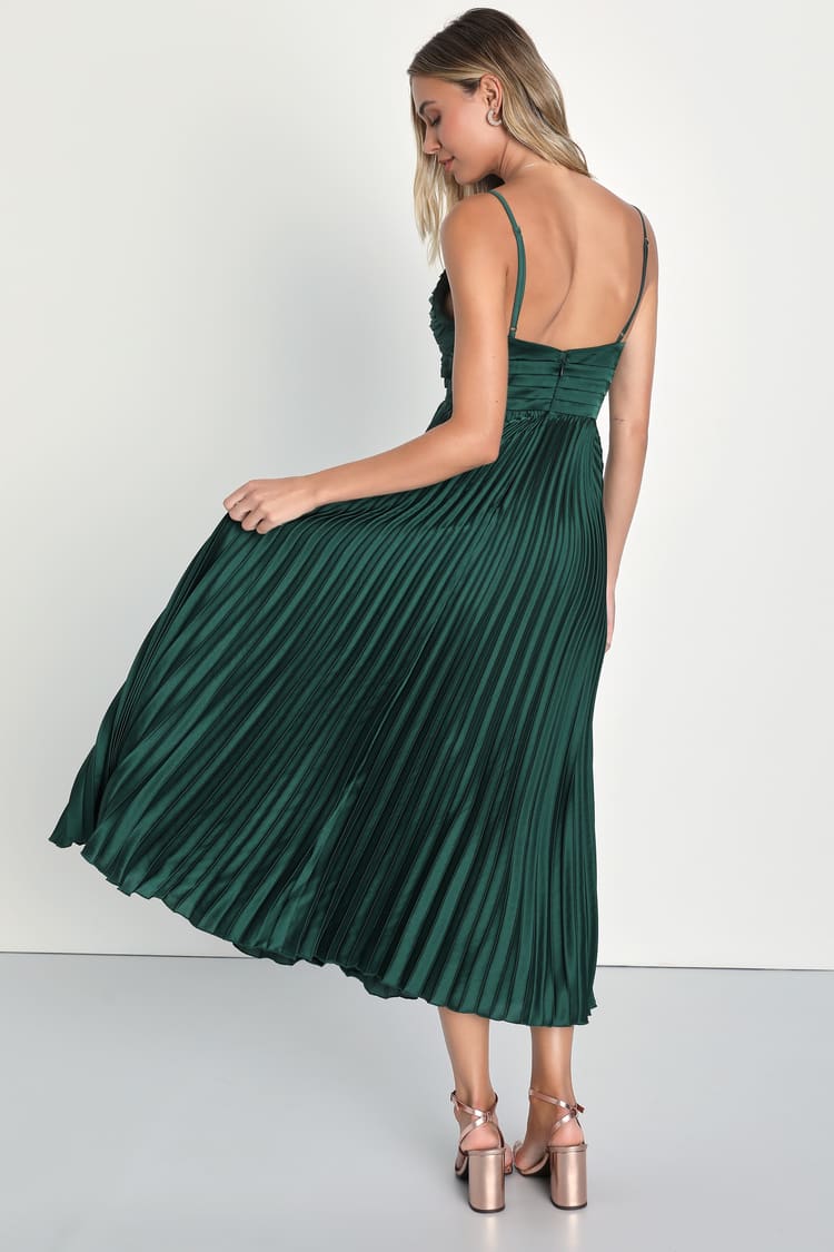 Fabulous Perfection Emerald Green Satin Pleated Midi Dress