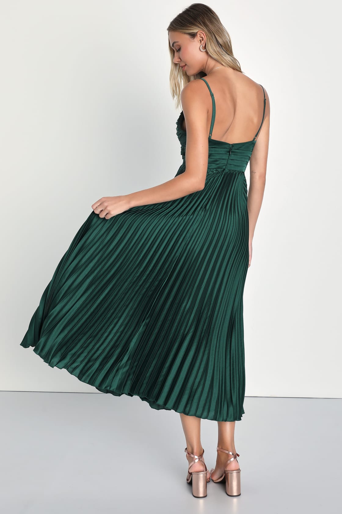 Fabulous Perfection Emerald Green Satin Pleated Midi Dress