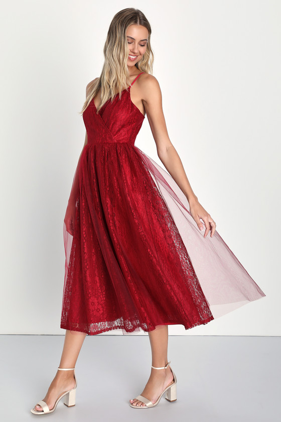 Lulus Looking So Sweet Red Lace Tulle Midi Skater Dress