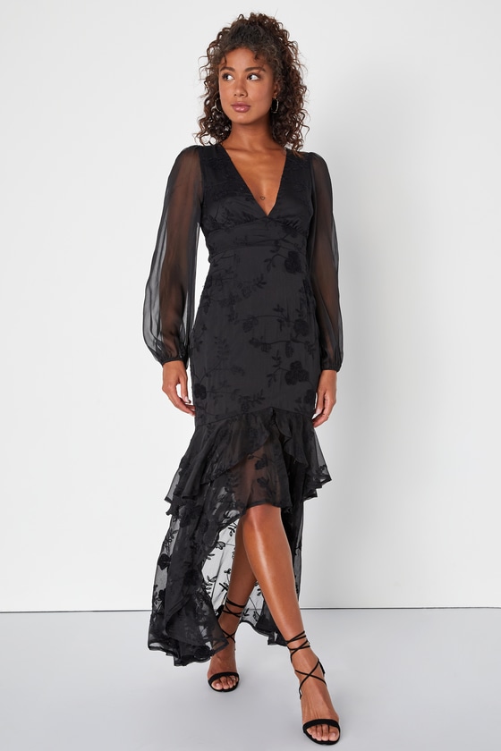 Lulus Keep You Chic Black Chiffon Embroidered Ruffled Maxi Dress