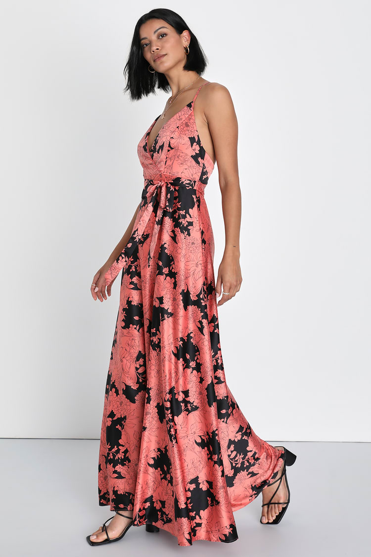 chinese dress ladies Floral printed satin and lace maxi dress with a bow light pink/black  S070X640 – RASARIO main image 1