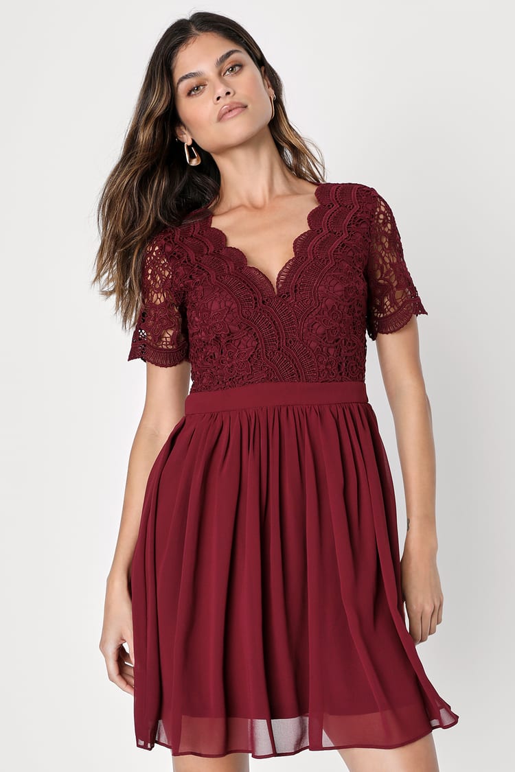 Lovely Burgundy Dress - Lace Dress - Lace Skater Dress - Lulus