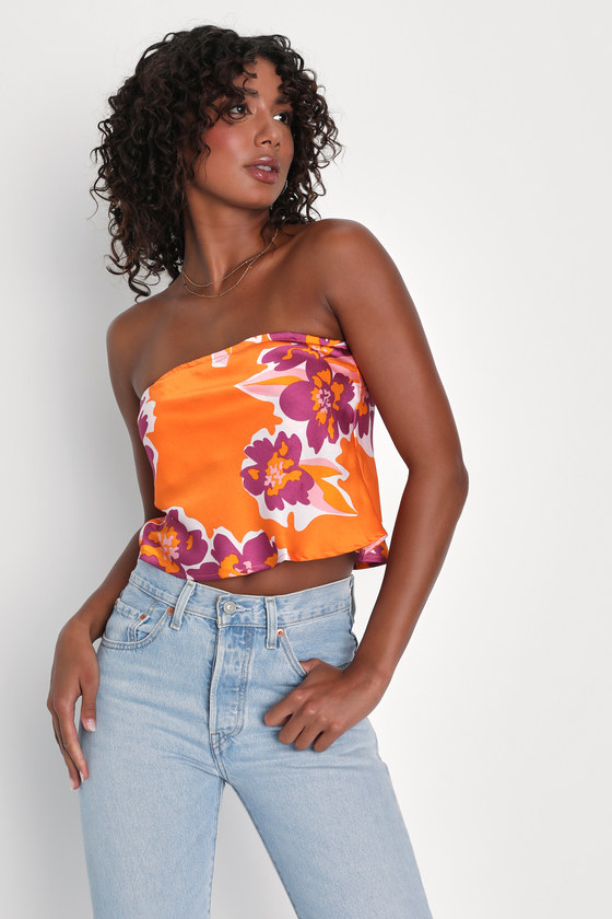 Vibrant Expression Orange Floral Print Strapless Top 9