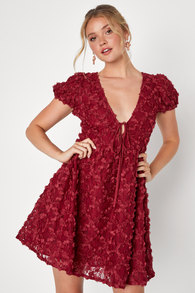 Elegant Delight Wine Red 3D Floral Lace Puff Sleeve Mini Dress