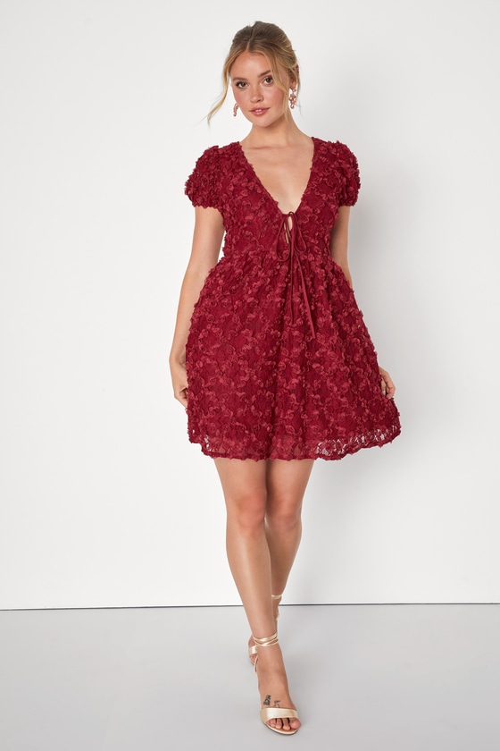 Lace Puff Sleeve Mini Dress - Red main image 1
