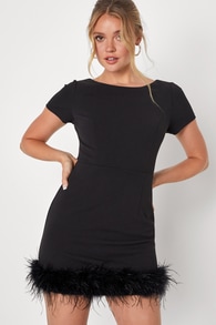 Exceptional Babe Black Short Sleeve Backless Feather Mini Dress