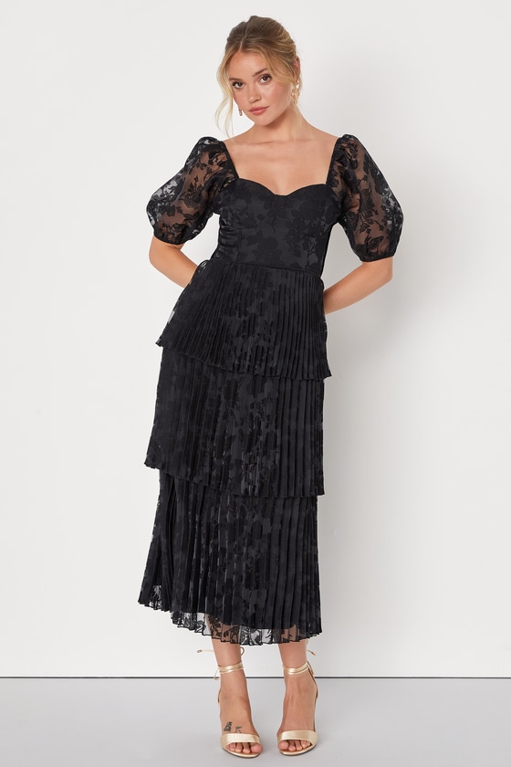 Lulus Posh Delight Black Floral Jacquard Pleated Midi Dress