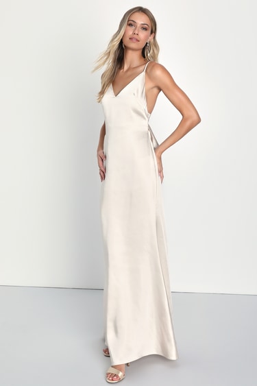 Sleek Glamour Champagne Satin Backless Bow Maxi Dress