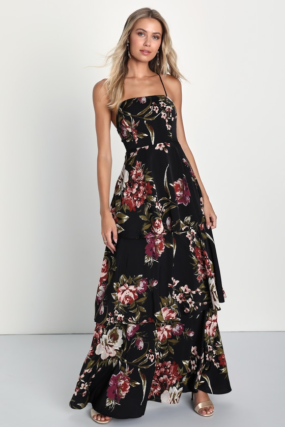 Pretty Black Floral Dress - Satin Maxi Dress - Lace-Up Maxi Dress - Lulus