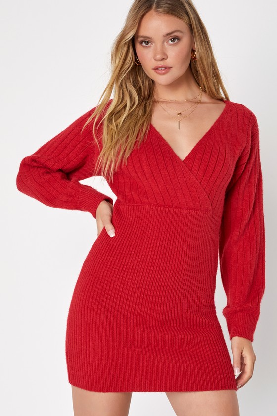 Lulus Autumn Charisma Red Long Sleeve Surplice Sweater Mini Dress