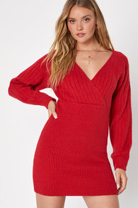 Autumn Charisma Red Long Sleeve Surplice Sweater Mini Dress