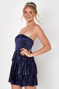 Elevated Evening Navy Blue Strapless Tiered Plisse Mini Dress