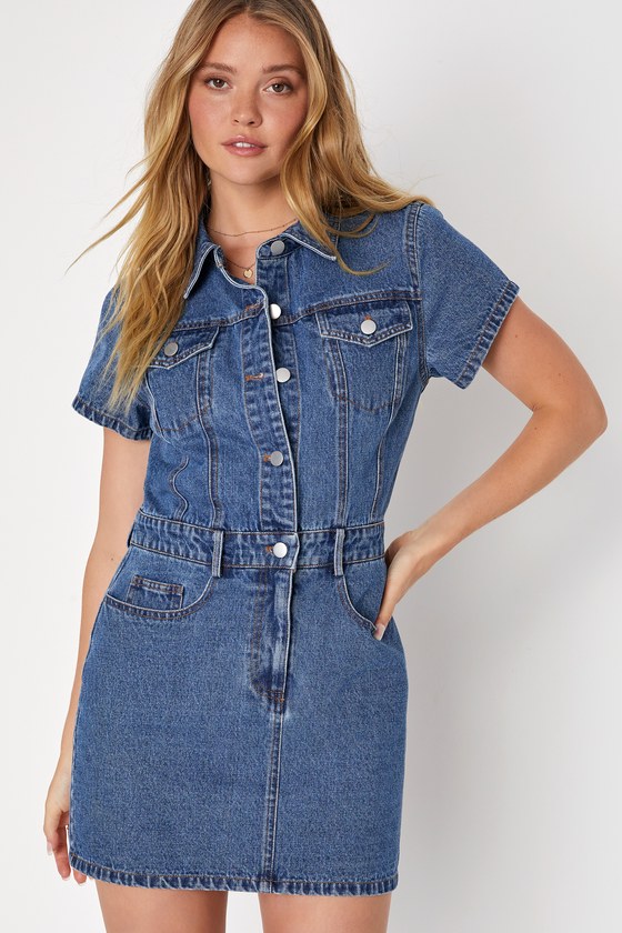 Lulus Ready To Charm Medium Wash Short Sleeve Denim Mini Dress In Blue