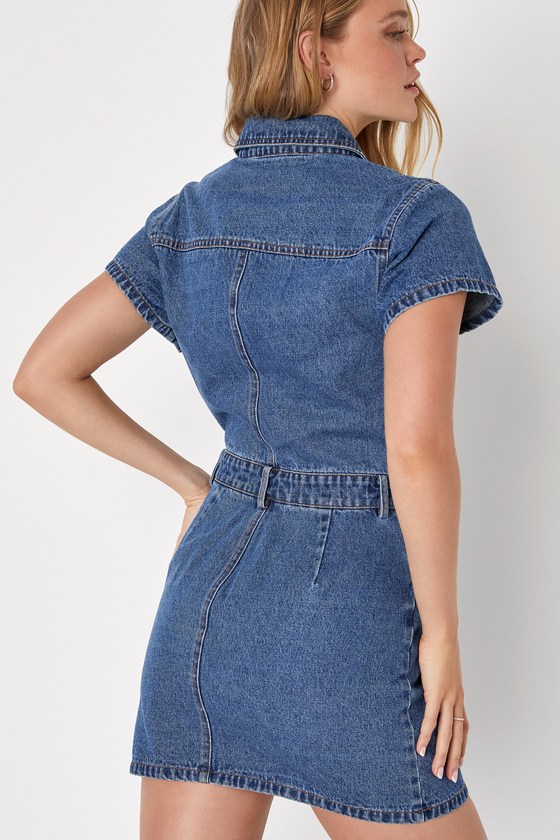 Ready to Charm Medium Wash Short Sleeve Denim Mini Dress - thumbnail 4