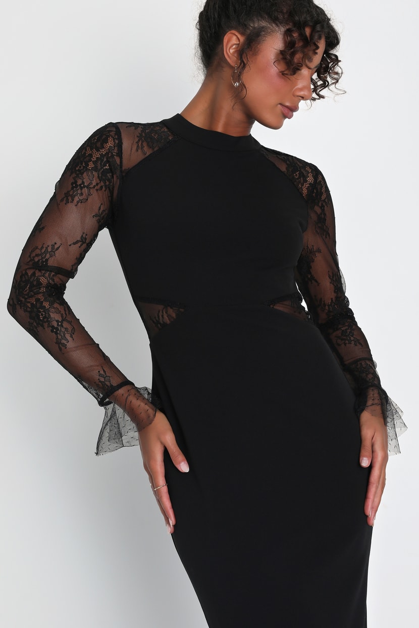 Bragging Rights Black Lace Long Sleeve Column Maxi Dress