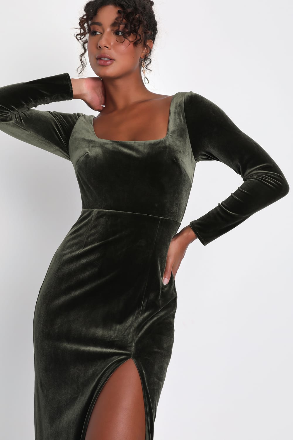 Lush Adventures Olive Green Velvet Long Sleeve Maxi Dress