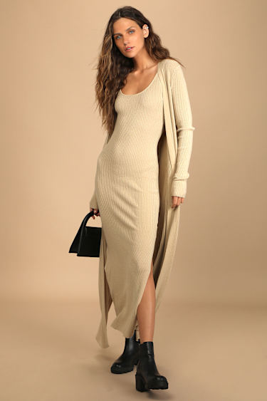 Layer Lover Beige Ribbed Knit Two-Piece Dress Cardigan Set