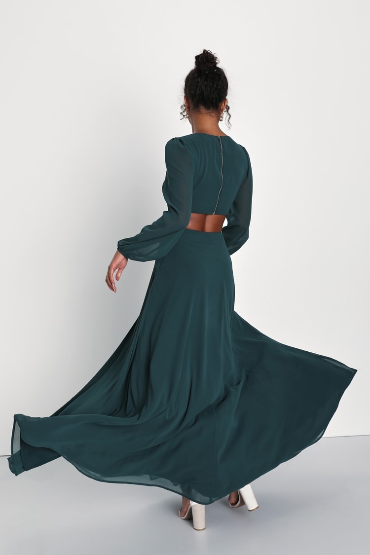 Garden Bliss Emerald Green Cutout Long Sleeve Maxi Dress