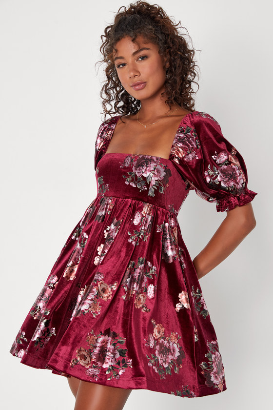 Burgundy Velvet Dress Floral Print Dress Mini Babydoll Dress Lulus