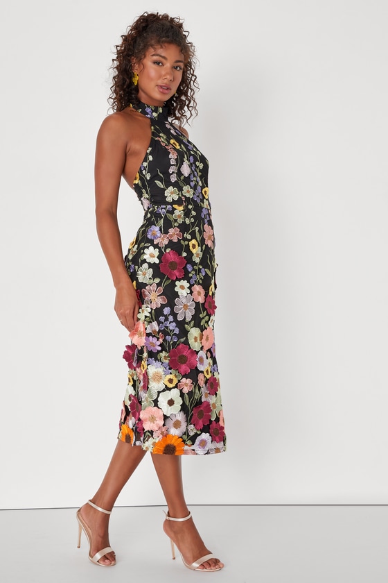 Lulus Unique Impression Black 3d Floral Embroidered Halter Midi Dress