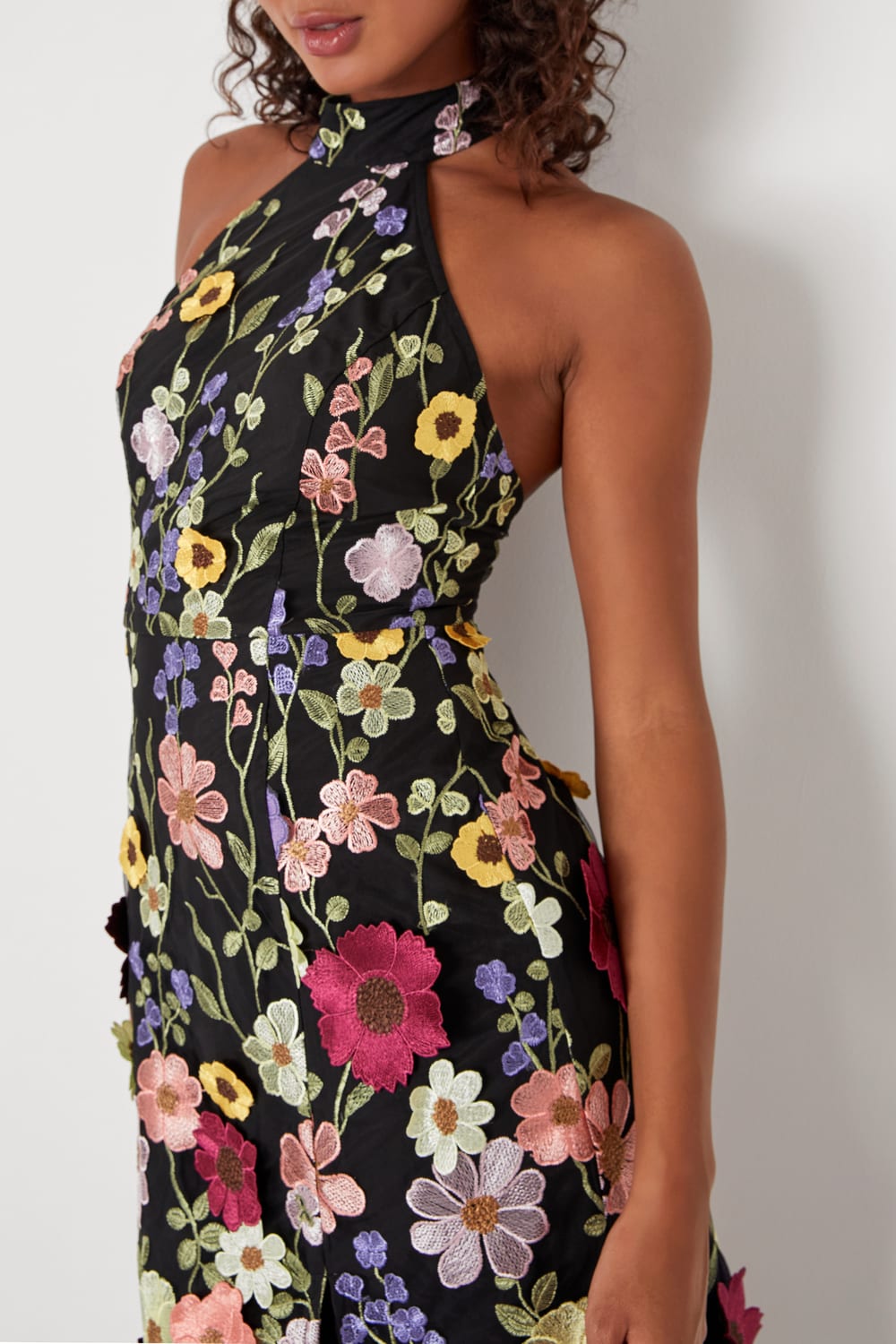 Unique Impression Black 3D Floral Embroidered Halter Midi Dress