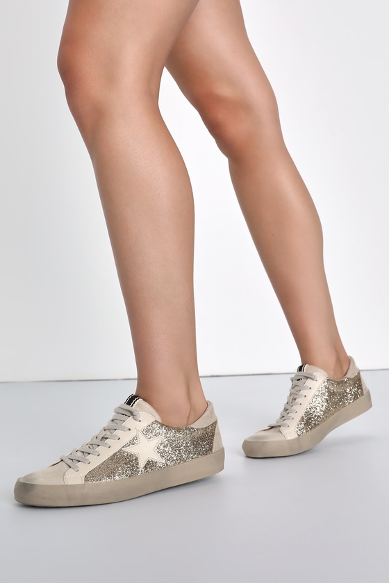 Shu Shop Paula Gold Glitter Suede Distressed Lace-up Sneakers