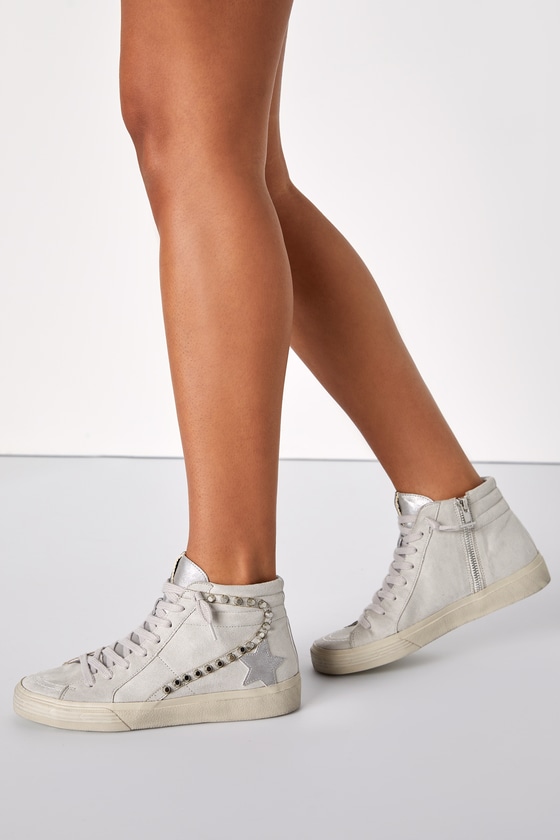 Riri Grey Suede Studded High Top Distressed Sneakers 1