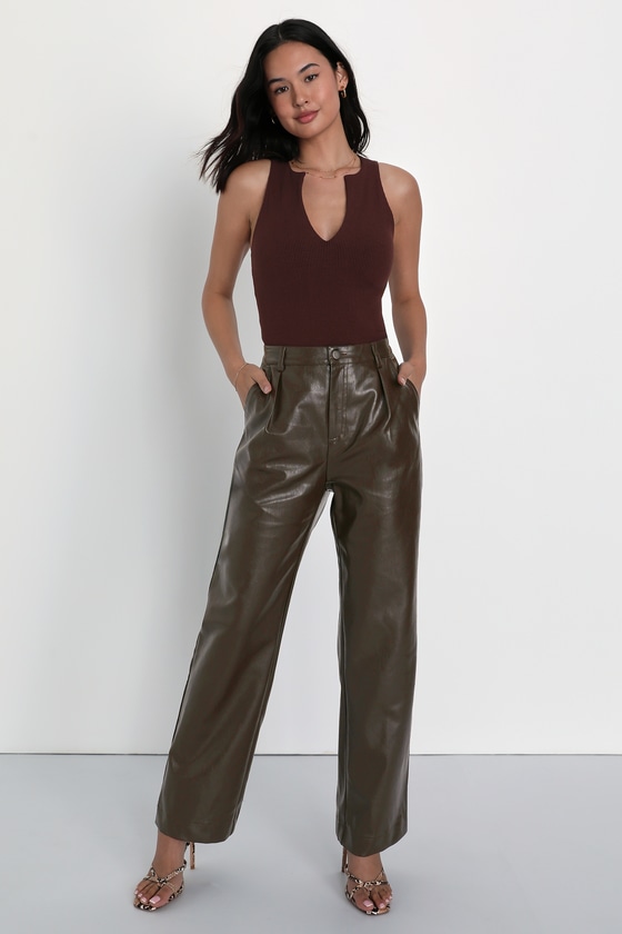 Lulus Check Your Vibe Dark Brown Vegan Leather High Rise Pants