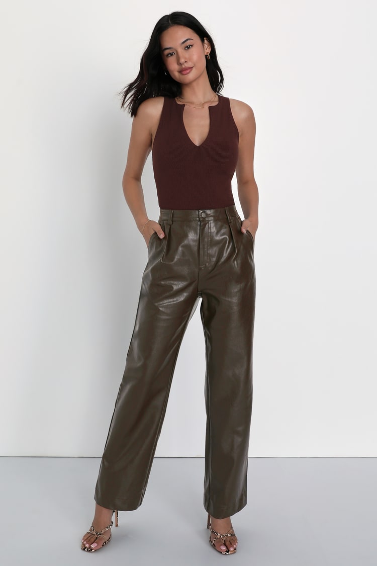 Dark Brown Pants - Brown Vegan Leather Pants - High-Rise Pants - Lulus