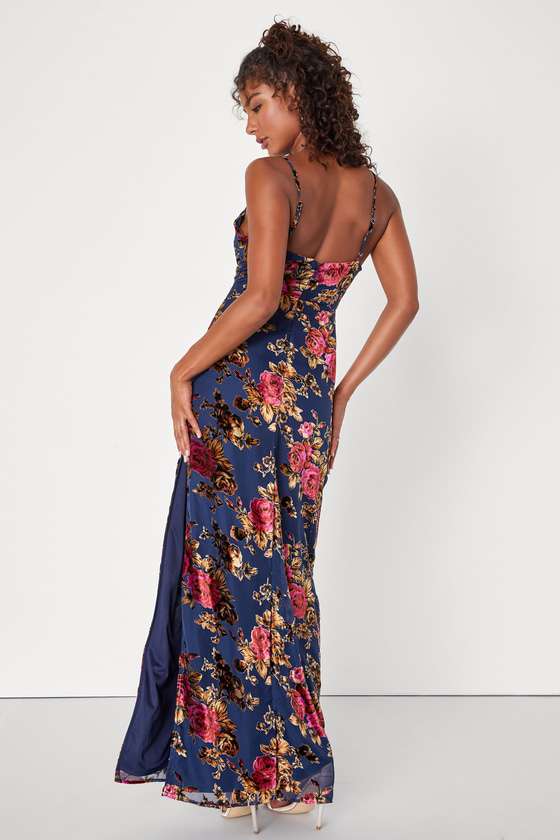 Chic Romantic Navy Blue Burnout Velvet Floral Cowl Neck Dress