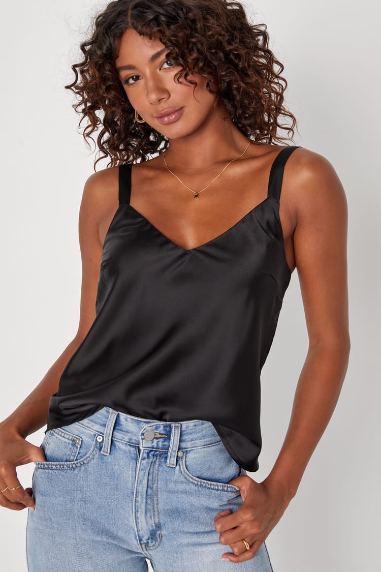 Sleek Charm Black Satin V-Neck Cami Top