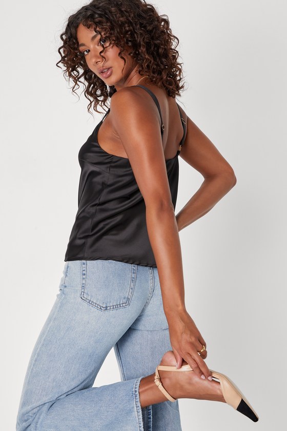 Sleek Charm Black Satin V-Neck Cami Top 2