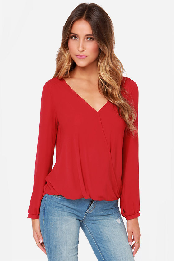 Cute Red Blouse - Long Sleeve Top - Chiffon Top - $33.00 - Lulus